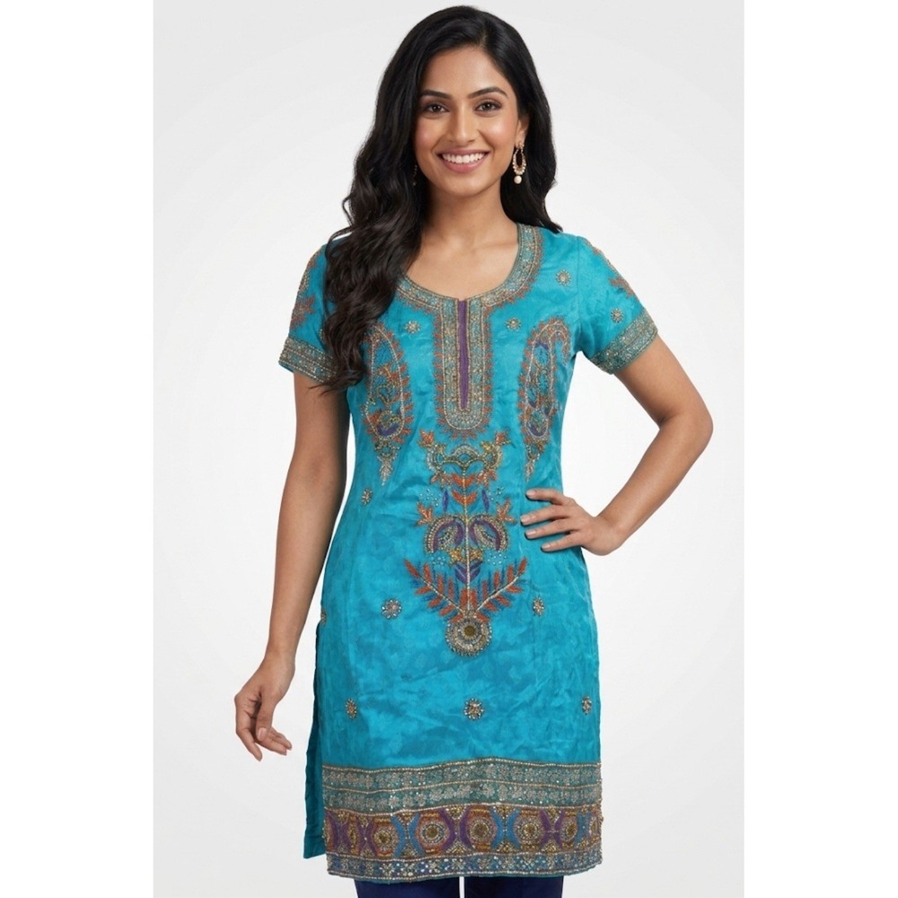 Heavy Embellished Punjabi Kurti Aqua‎ Blue Zardozi Stone Tunic Kameez 19x30